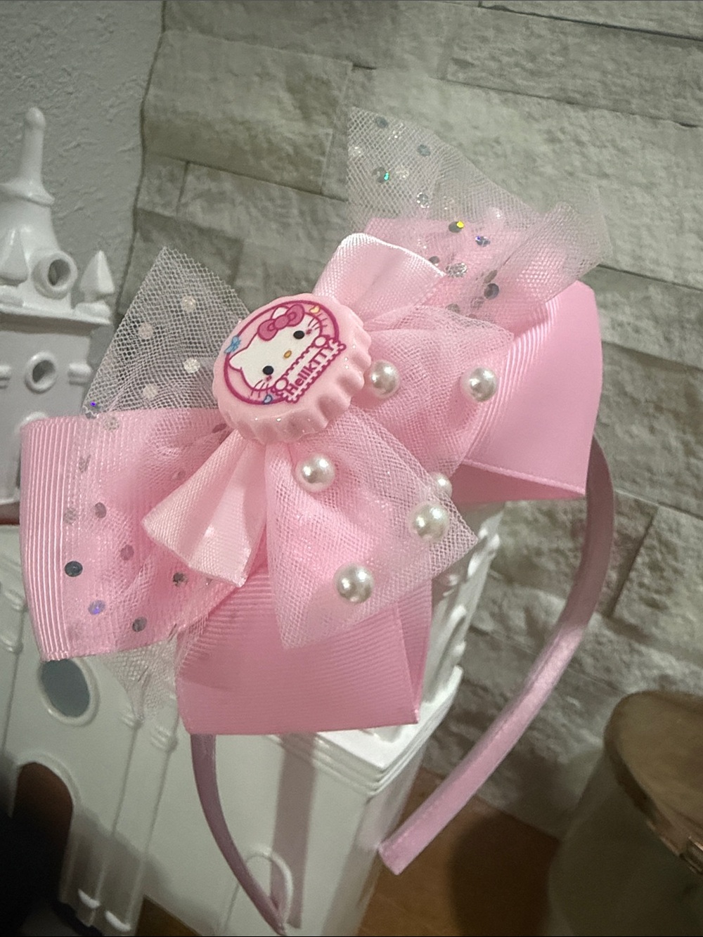 Hello Kitty Pink Bow Headband with Pearls and Tulle